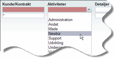 Dropdown liste med aktiviteter Dropdown liste med aktiviteter